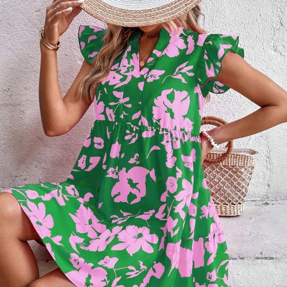 Floral Print Notched Neck Ruffle Trim Smock Dress - Picture 5 of 5